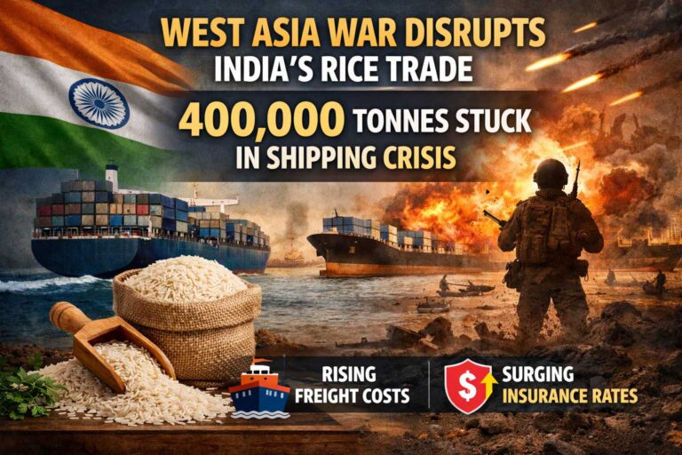 Illustration showing India’s rice export crisis as West Asia war disrupts shipping routes, with cargo ships, basmati rice and conflict imagery indicating 400,000 tonnes of shipments stuck.